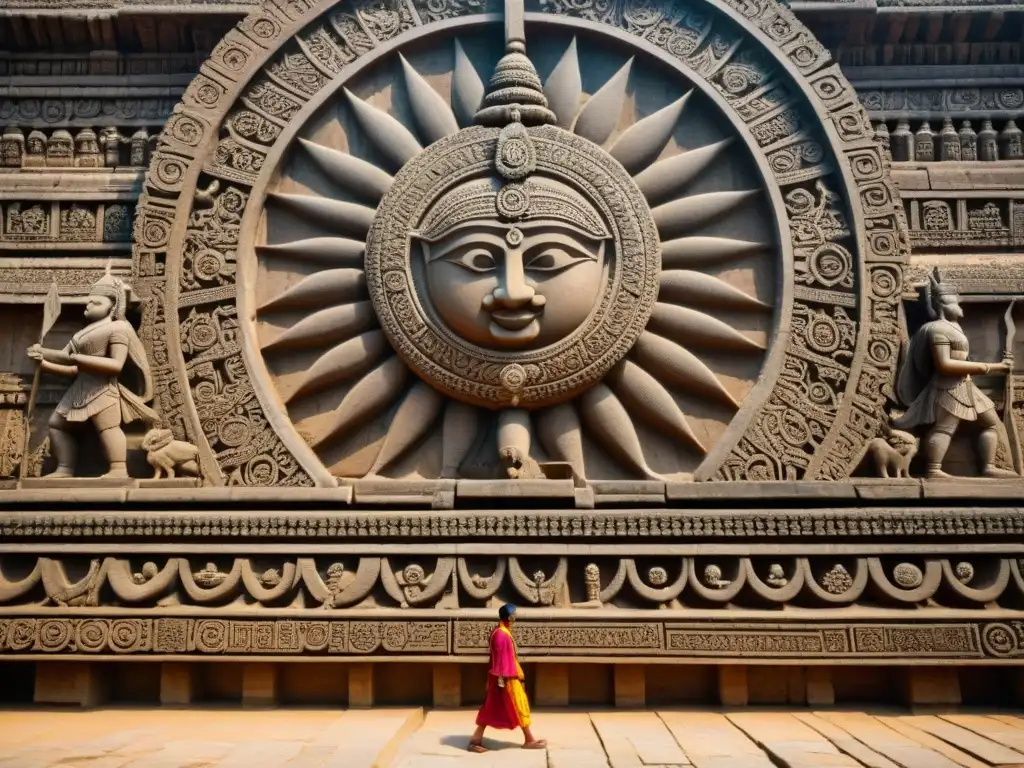 Detalle impresionante de las intrincadas esculturas de piedra en el Templo del Sol Konark Misterios, con juego de luces y sombras