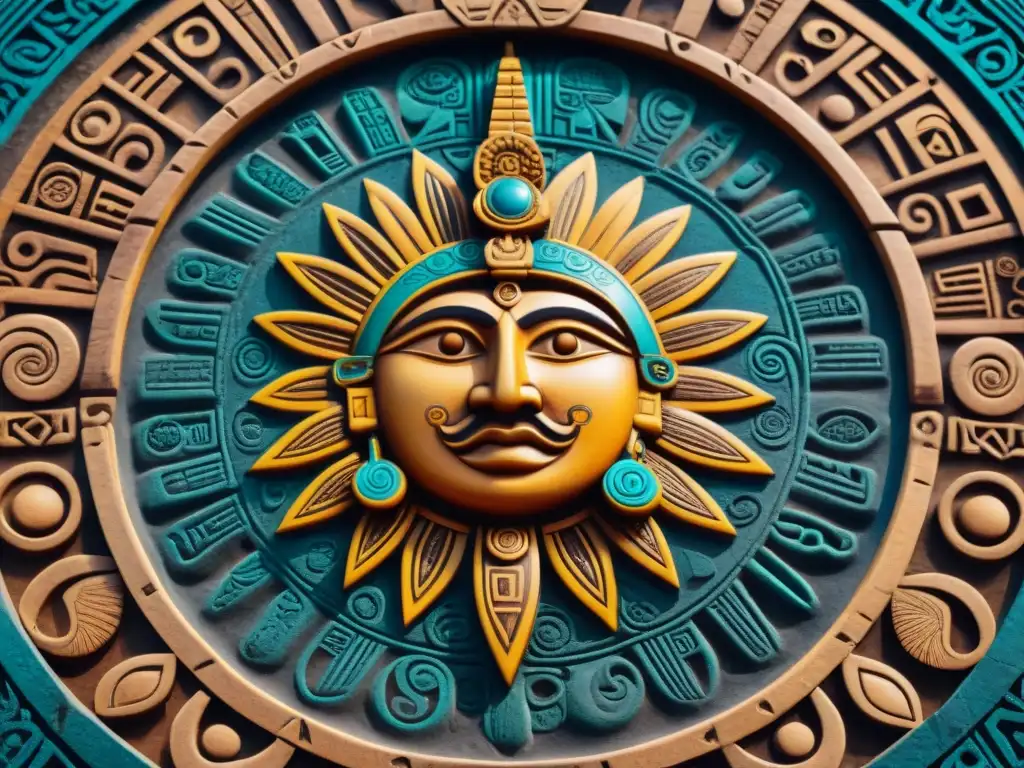 Detalle impresionante de las intrincadas talladuras en el Calendario Azteca, simbolizando el sol y el cosmos azteca