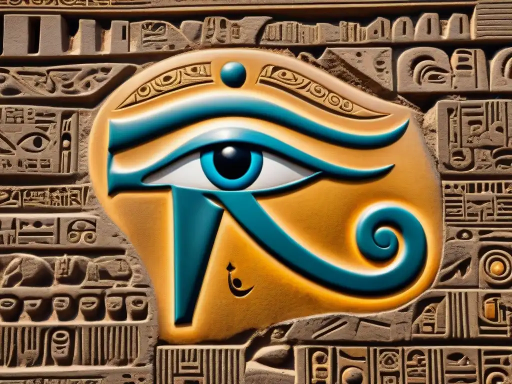 Detalle impresionante del jeroglífico egipcio del Ojo de Horus tallado en piedra