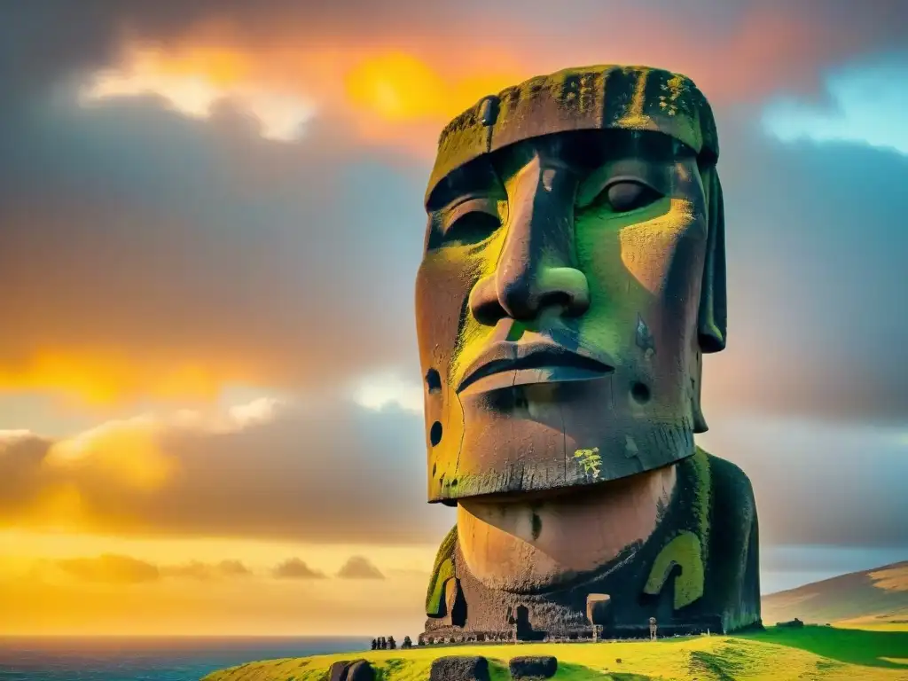 Detalle impresionante de un Moai en Isla de Pascua al atardecer