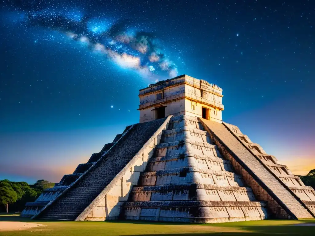 Detalle impresionante de observatorio astronómico maya en Chichén Itzá, destacando deidades astronómicas en civilizaciones antiguas