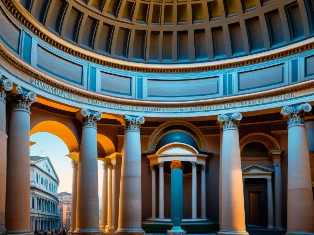 Detalle impresionante del Panteón en Roma, destacando la estética romana en arquitectura neoclásica