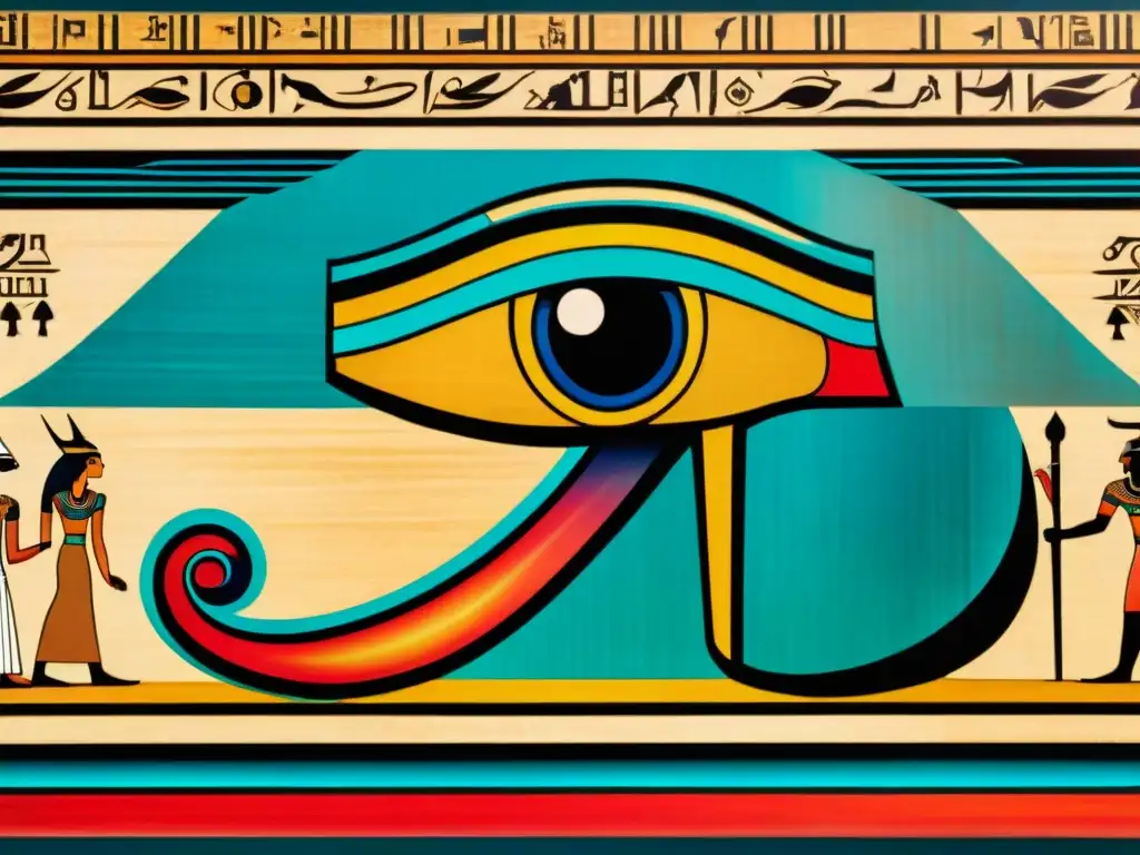 Detalle impresionante del papiro egipcio antiguo representando el Ojo de Horus, con colores vibrantes y jeroglíficos intrincados