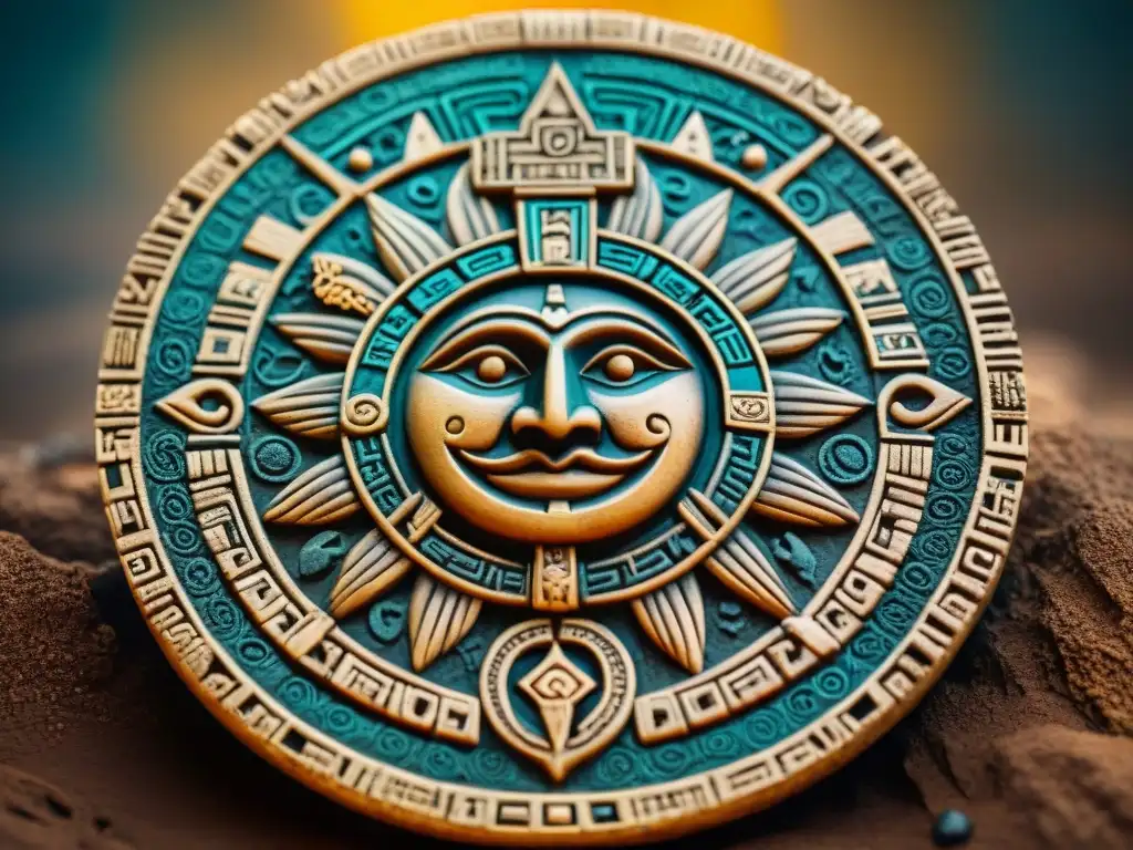 Detalle impresionante de una piedra del calendario azteca con símbolos de sol, luna y deidades, resaltando el diseño gráfico motivos aztecas actuales