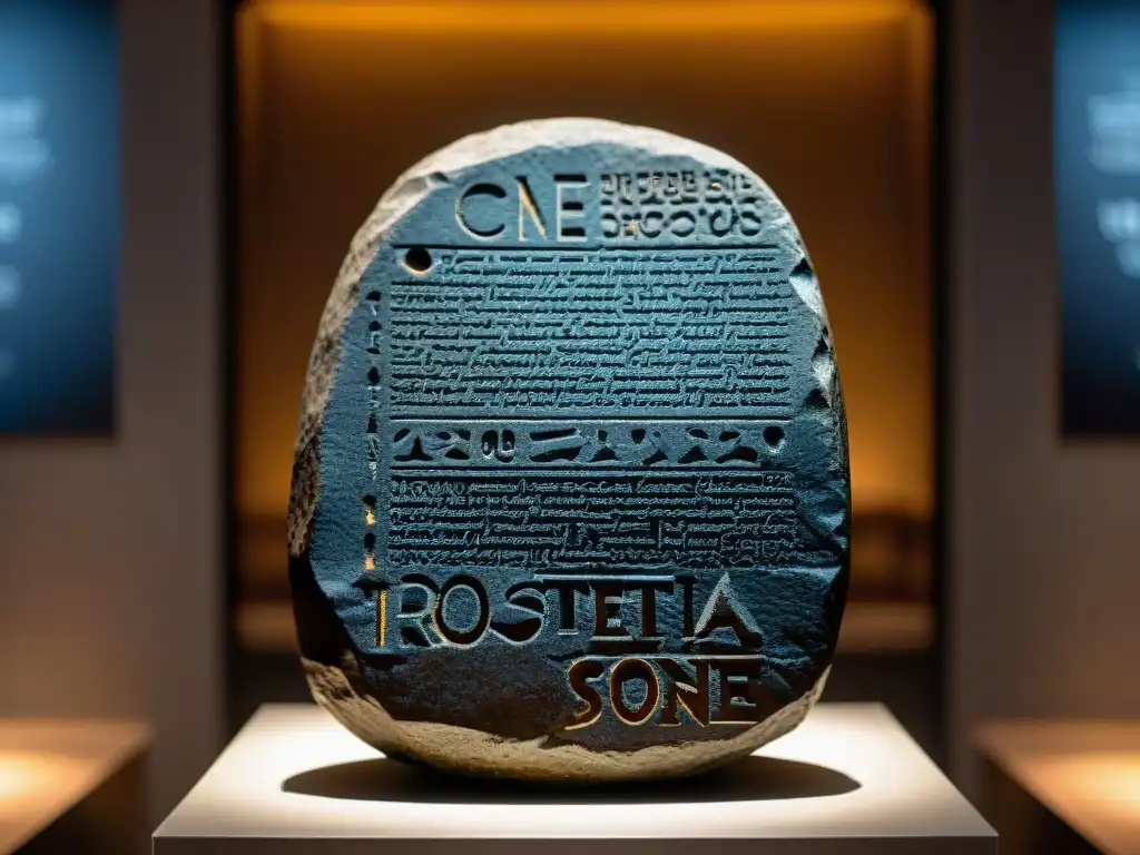 Detalle impresionante de la Piedra Rosetta en un museo tenue, resaltando inscripciones y textura antigua