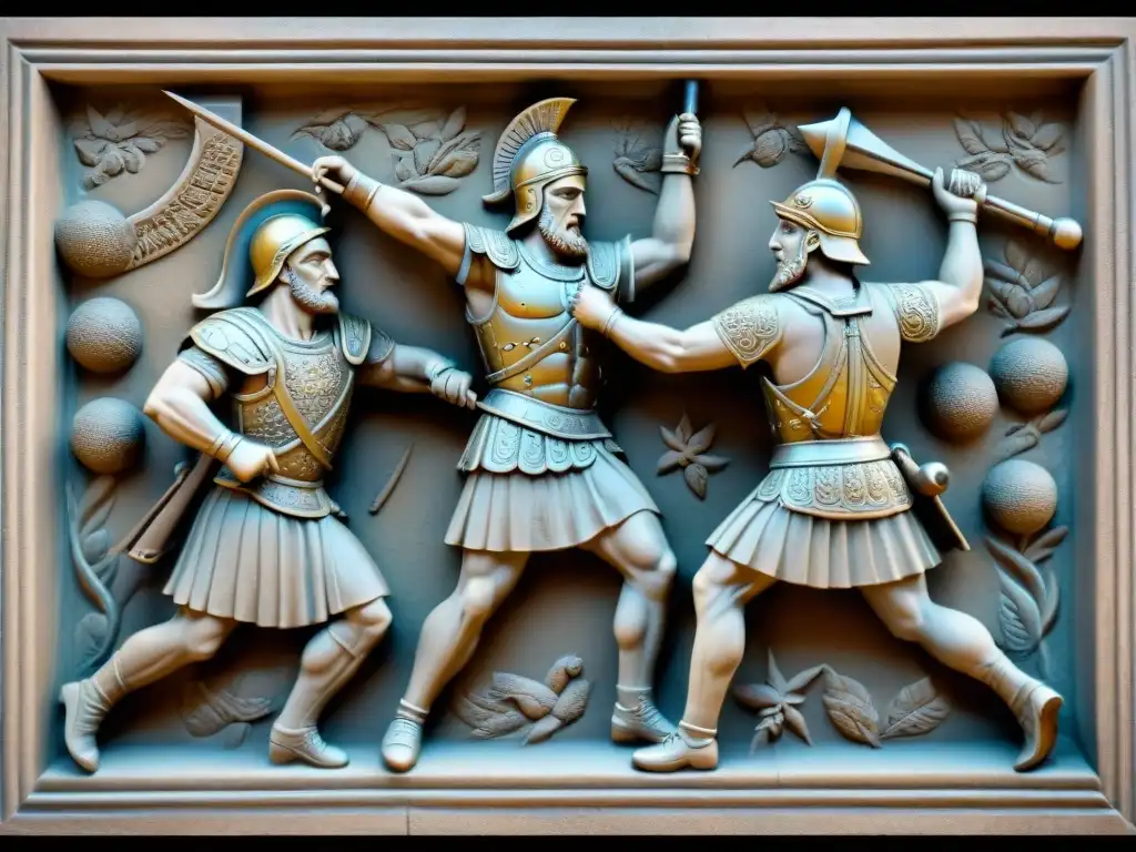 Detalle impresionante de relieve romano antiguo con gladiadores en combate