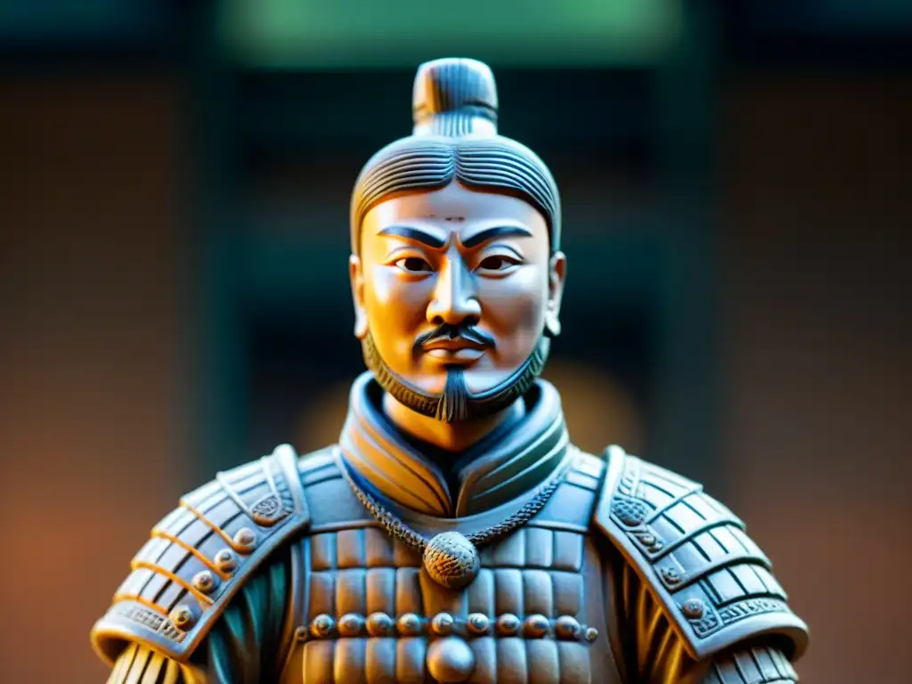 Detalle impresionante del rostro de un Guerrero de Terracota, resaltando la artesanía y la historia de la antigua escultura