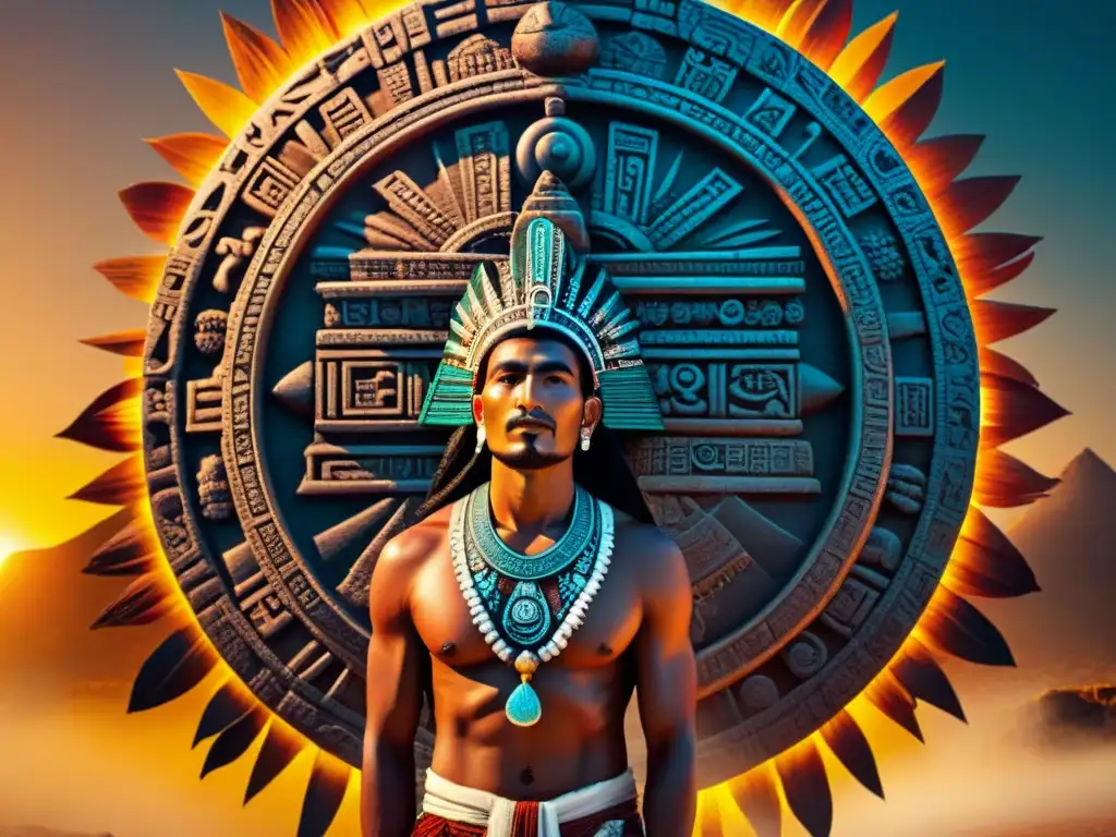 Detalle impresionante: sacerdote Azteca consulta la Piedra del Sol, revelando el significado calendario Azteca destino