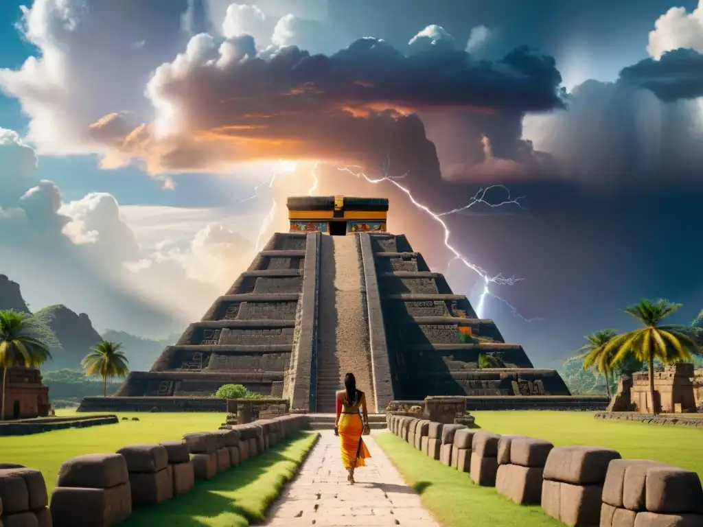 Detalle impresionante de un templo inca y jeroglífico egipcio, rodeados de naturaleza, bajo un cielo dramático