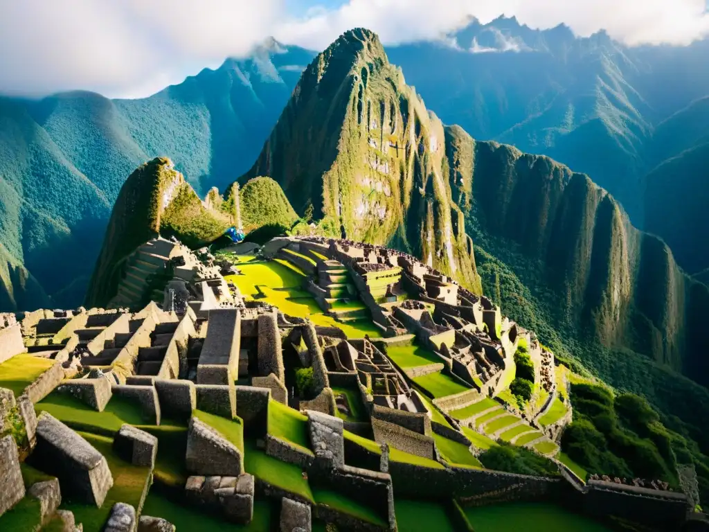 Detalle impresionante del Templo del Sol en Machu Picchu, reflejando la brillantez arquitectónica de las culturas solares antiguas templos