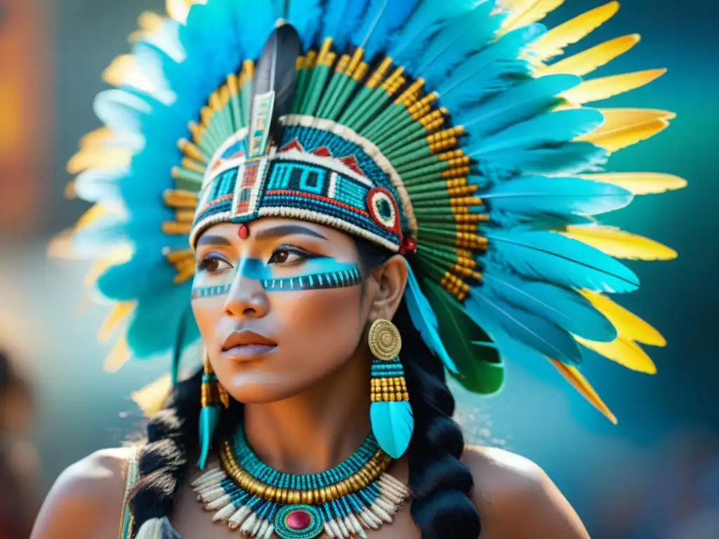 Detalle impresionante de un tocado azteca con plumas vibrantes en tonos azules, verdes y dorados