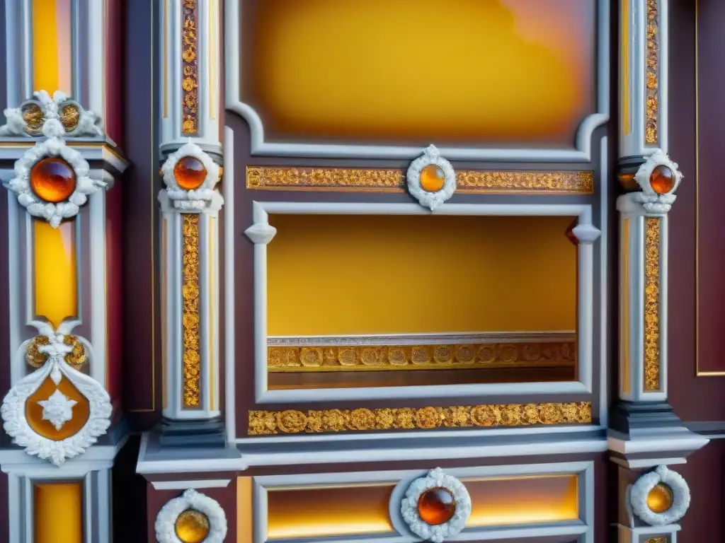 Detalle increíble de las paneles de ámbar en la Cámara de Ámbar, resaltando su misterio y belleza en el Palacio de Catalina, Rusia