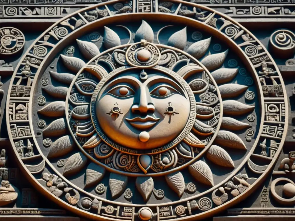 Detalle increíble de una talla maya del sol y la luna en danza cósmica con hieroglíficos e 'Explicaciones antiguas sobre eclipses'