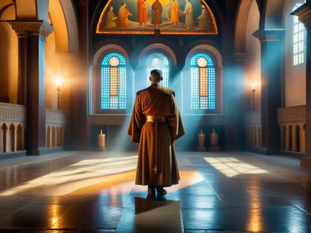 Misterios en Simonos Petra: frescos centenarios iluminados por velas Detalle del interior del Monasterio Simonos Petra en el Monte Athos, con frescos centenarios iluminados por velas