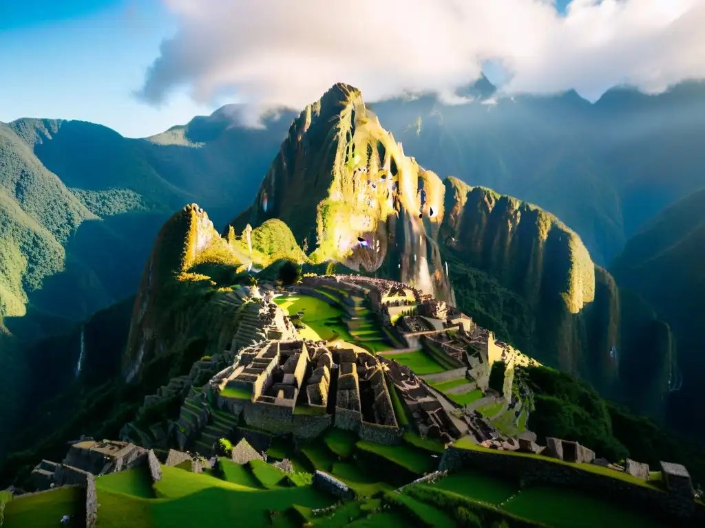 Detalle del Intihuatana en Machu Picchu: energía oculta de los Incas en los Andes al amanecer