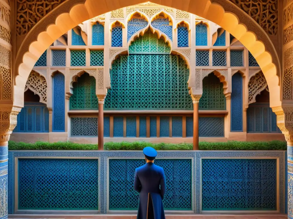 Detalle de las intrincadas decoraciones de la Alhambra, resaltando los patrones geométricos y motivos florales en tonos azules, verdes y dorados