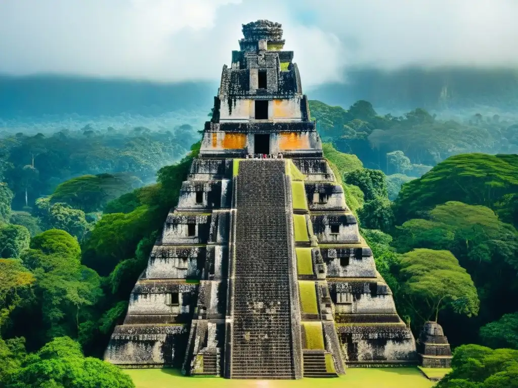 Detalle de las intrincadas esculturas y jeroglíficos en las ruinas mayas de Tikal, reflejando la grandeza y misterios de la civilización