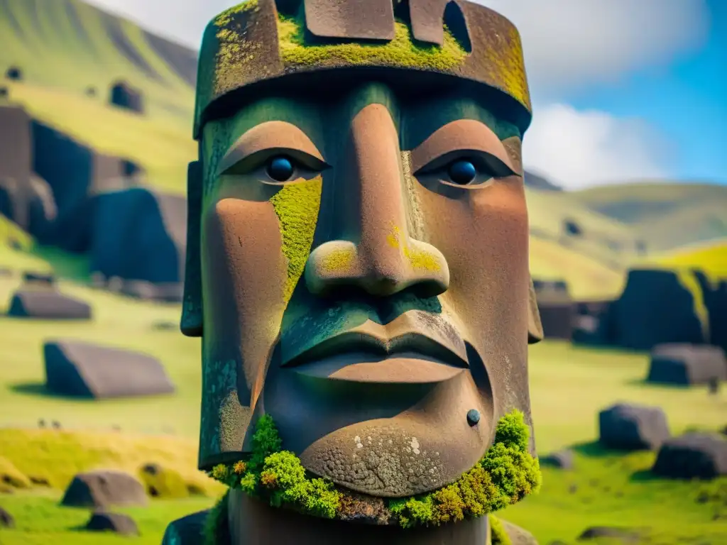 Detalle de las intrincadas labrados y rasgos faciales de un Moai en Isla de Pascua, mostrando su textura erosionada y expresión enigmática