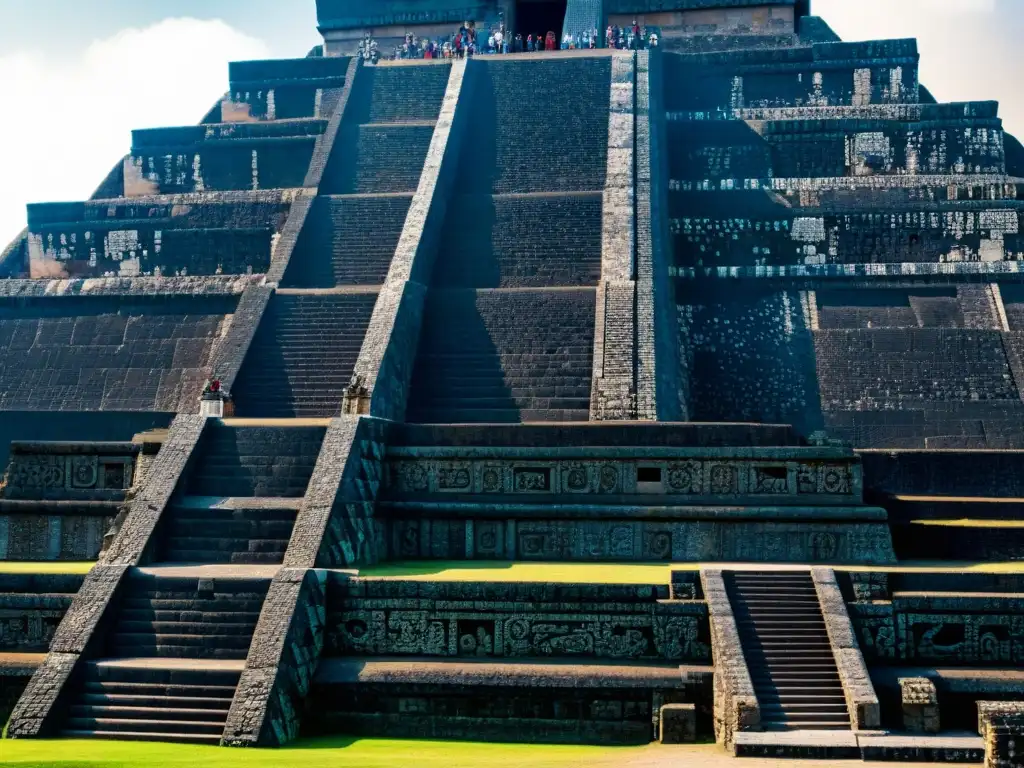 Detalle de las intrincadas serpientes y patrones geométricos en la Pirámide del Dios de la Serpiente emplazada en Teotihuacán