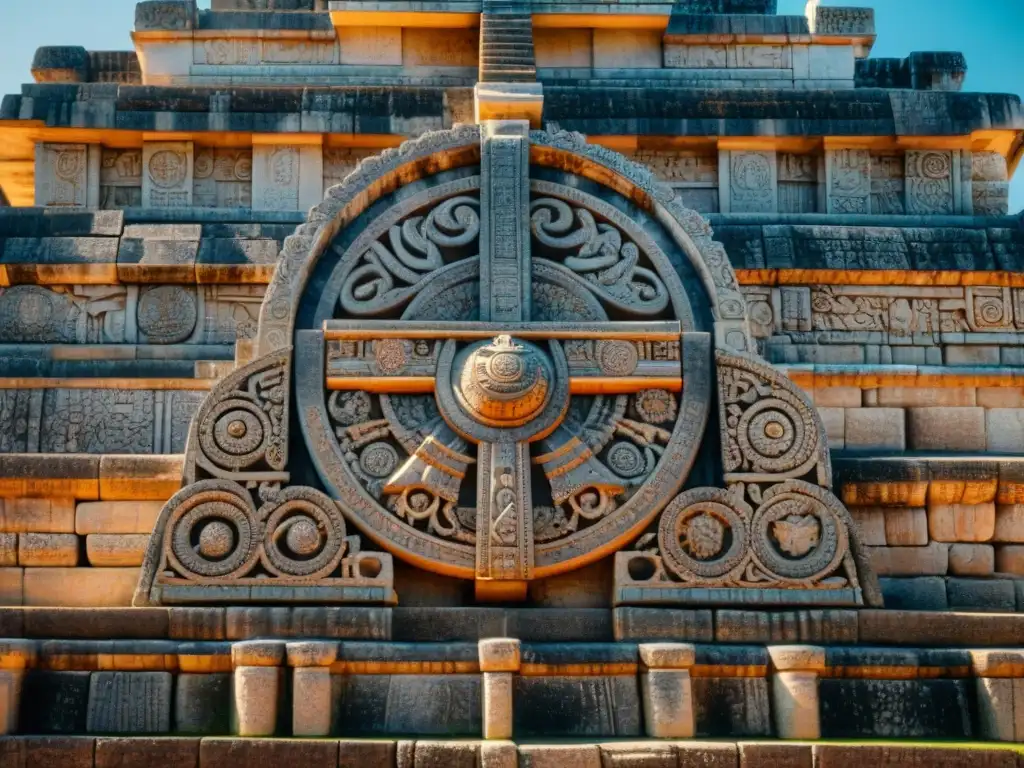 Detalle de las intrincadas tallas en la antigua pirámide maya de Chichén Itzá, reflejando la Astronomía maya y arquitectura ancestral