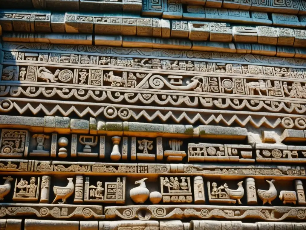 Detalle de las intrincadas tallas y jeroglíficos en el templo maya de Palenque, evocando la sabiduría en antiguos textos arquitectura