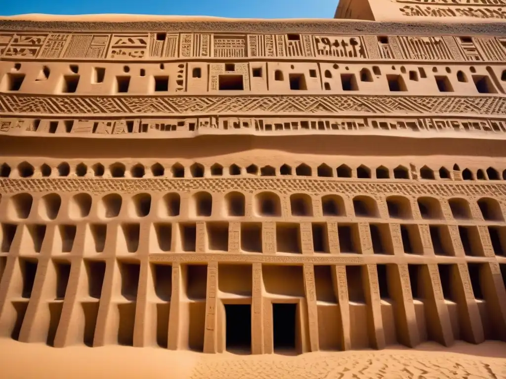 Detalle de intrincadas tallas en ladrillos de barro de la Mezquita de Djenné, historia y arquitectura