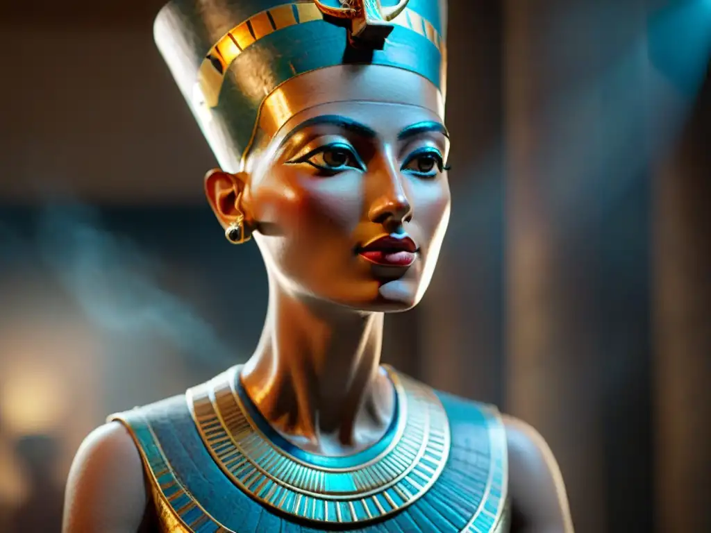 Detalle intrincado de la famosa Nefertiti: labios, cuello y mirada enigmática