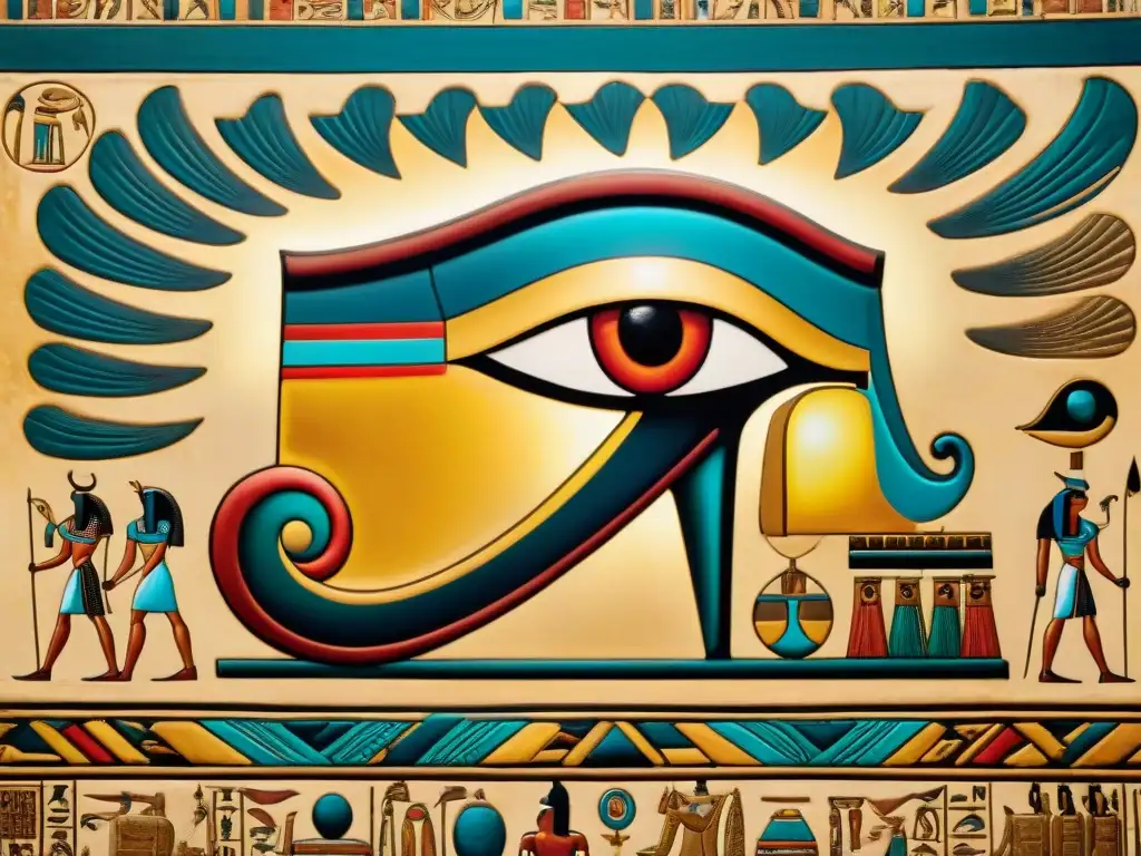 Detalle intrincado: mural egipcio antiguo con Ojo de Horus y Ojo de Ra juntos, rodeados de jeroglíficos