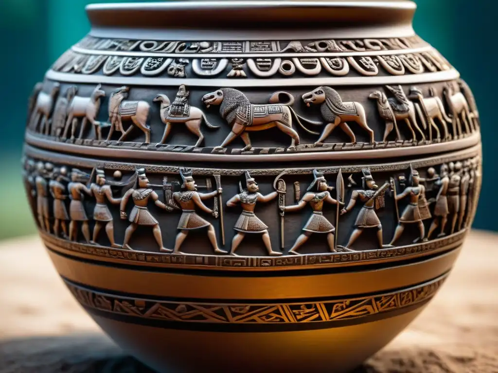 Detalle intrincado del Vaso de los Guerreros de la Cultura Mochica en Perú, revelando misterios y arte milenario