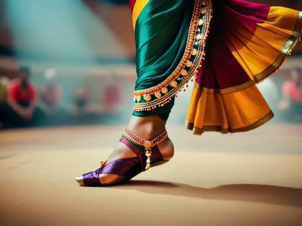 Detalle de los intrincados movimientos de pies en Bharatanatyam, resaltando su significado y origen