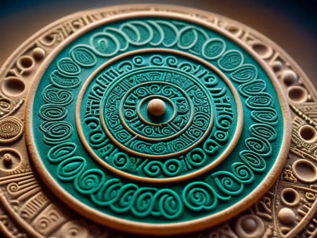 Enigmáticos jeroglíficos del Disco de Festos: detalle en espiral Detalle de los intrincados patrones en espiral del enigmático Disco de Festo en Creta Minoica