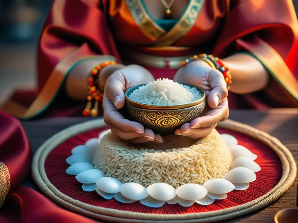 Detalle de adivinación japonesa con granos de arroz en vibrante tela roja