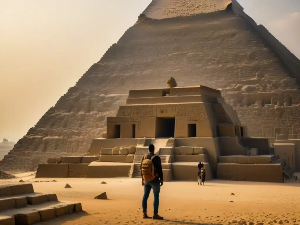 Detalle de jeroglíficos y grabados en la Gran Pirámide de Giza, con cámara iluminada por rayo de sol