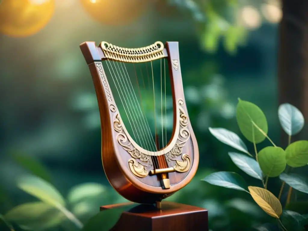 Detalle de una lira griega antigua tallada en madera con adornos de oro y marfil, rodeada de vegetación exuberante bajo la luz del sol