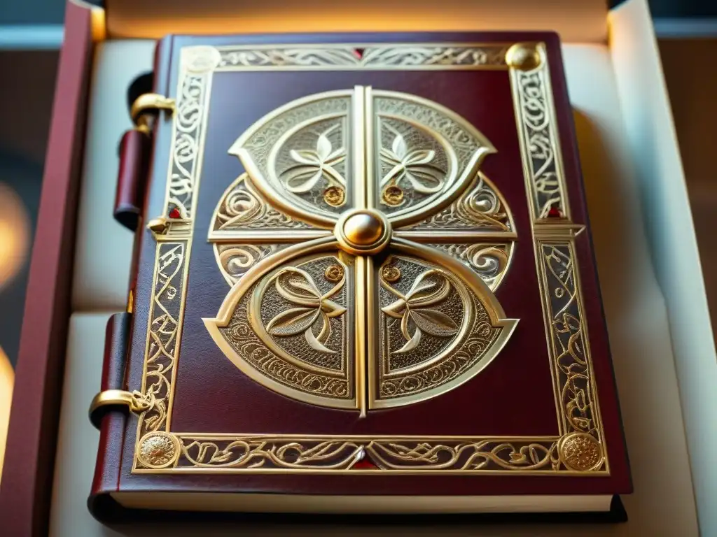 Detalle fascinante: Cubierta del Codex Gigas en cuero rojo y oro Detalle del lujoso y elaborado Codex Gigas, revelando el origen y misterios del legendario libro