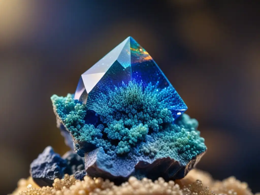 Detalle mágico de un cristal de azurita, mostrando patrones intrincados y tonos azules profundos