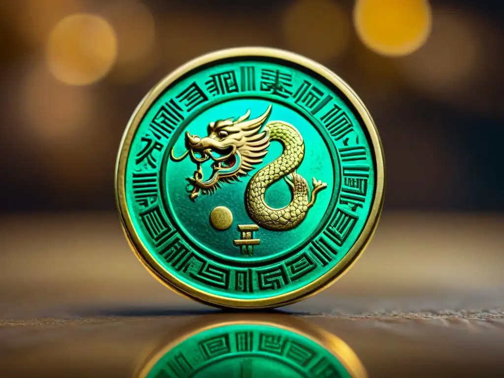 Detalle magnífico de una rara moneda antigua china de la Dinastía Han, con inscripciones y grabados de dragones