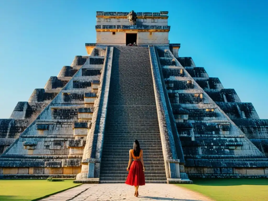 Detalle de la majestuosa pirámide El Castillo en Chichén Itzá, historia de la civilización maya