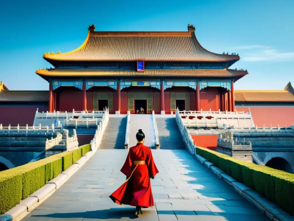 Detalle majestuoso de la Ciudad Prohibida China, con tonos rojos y dorados bajo un cielo azul, resaltando su misteriosa historia