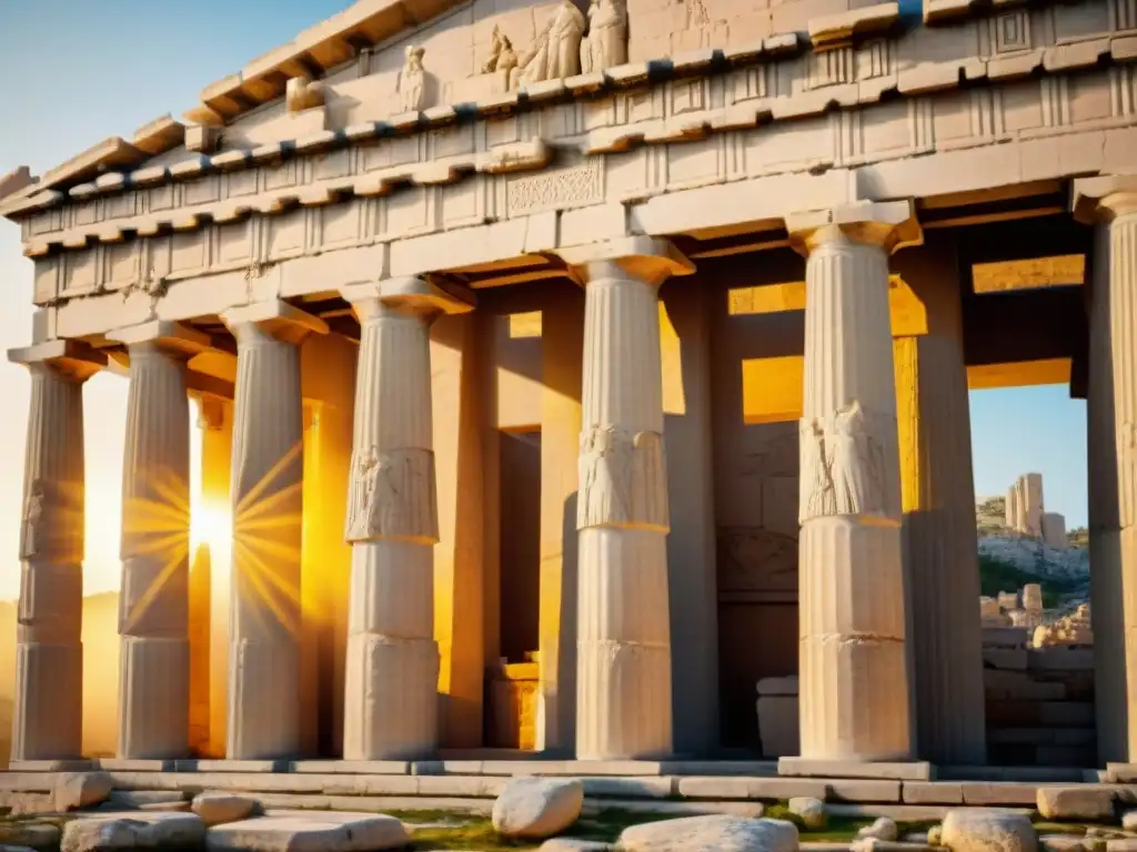 Detalle majestuoso del Parthenon, columnas y esculturas bajo la luz dorada, evocando la grandeza de la antigua Grecia en exposiciones museos