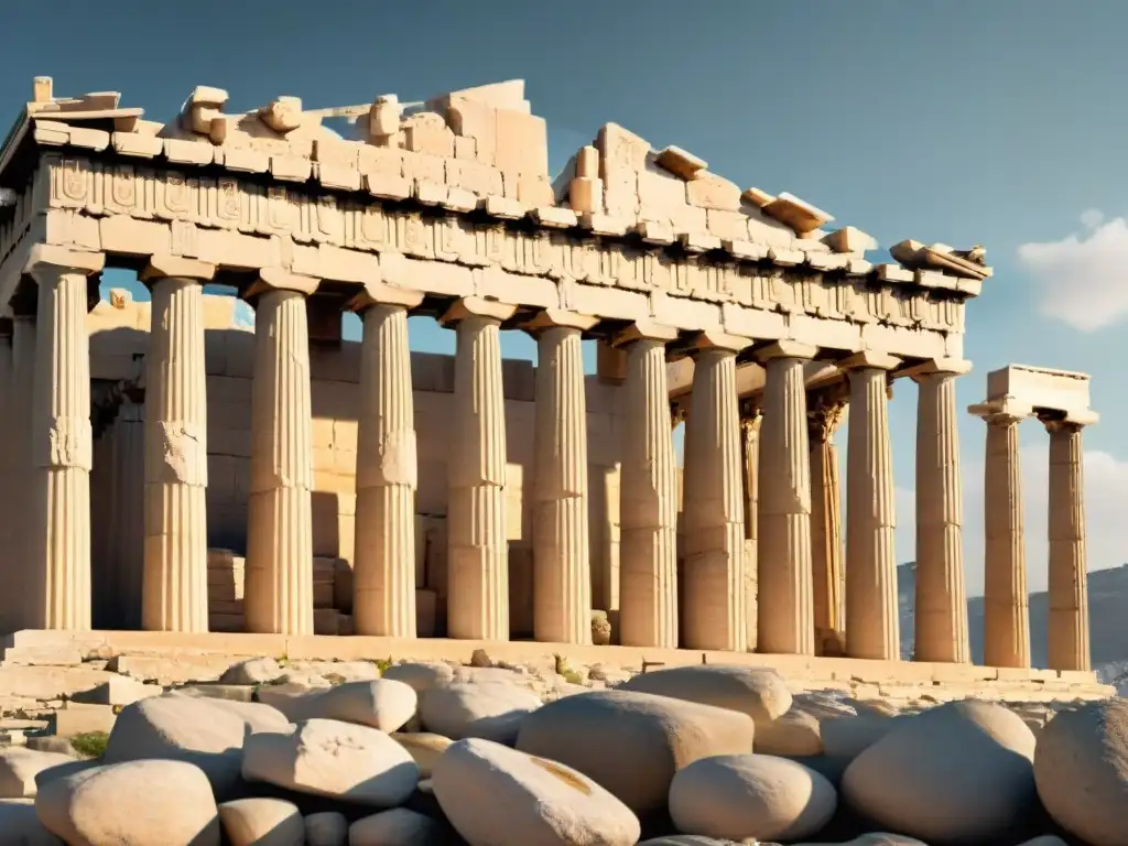 Detalle del majestuoso Partenón en la Acrópolis de Atenas, mostrando su significado oculto y belleza atemporal