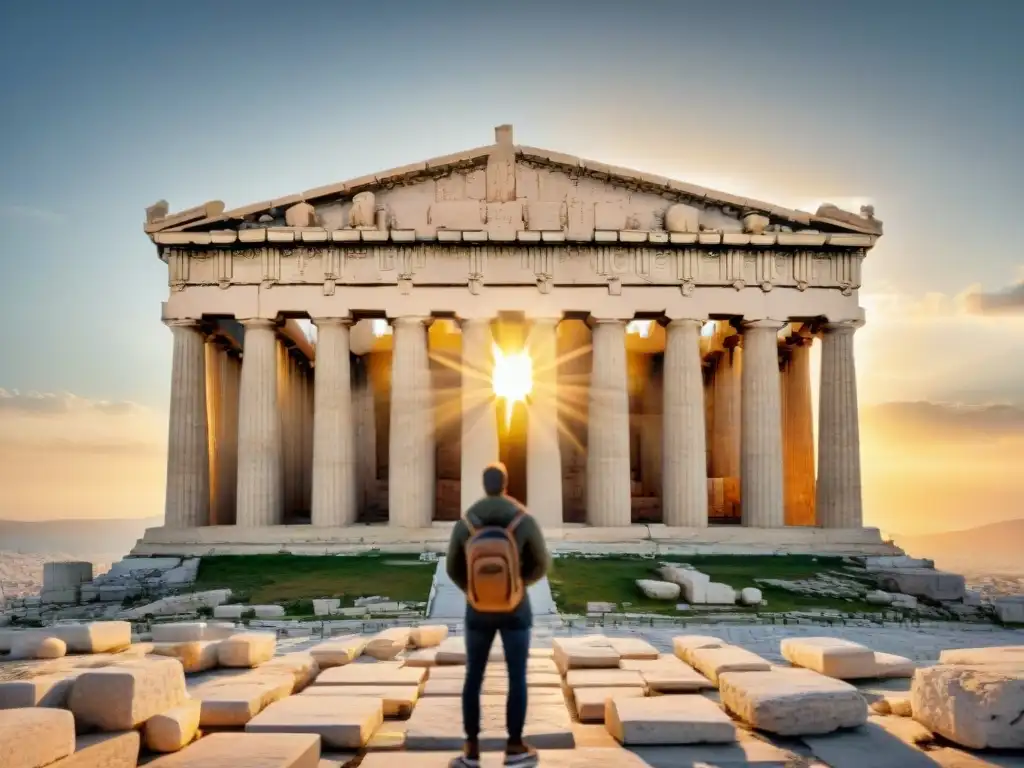 Detalle majestuoso del Partenón en Atenas, Grecia, resaltando las columnas y grabados