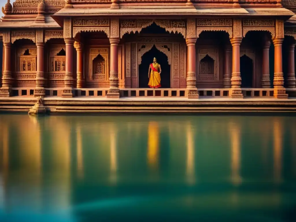 Detalle majestuoso de templo flotante en India, reflejos en agua, arquitectura antiqua