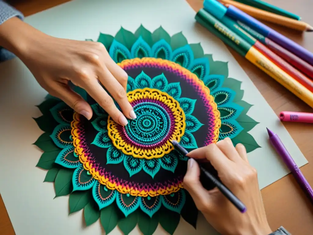 Detalle de manos creando un mandala colorido en papel, reflejando la meditación