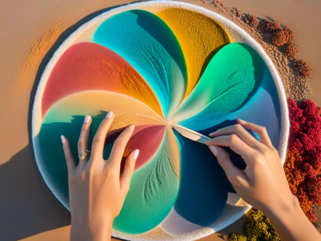 Detalle de manos creando un mandala vibrante con arena de colores, ejemplificando la concentración en el arte meditativo