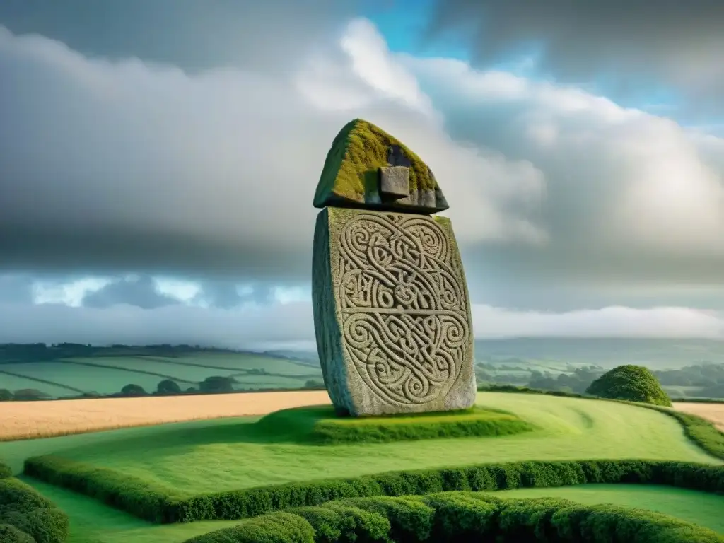 Menhir celta: Intrincadas marcas en piedra milenaria Detalle de menhir celta antiguo con símbolos tallados, en campo verde bajo cielo nublado