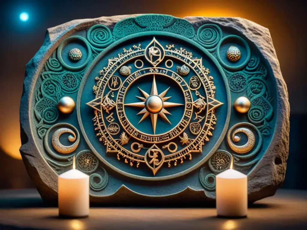 Detalle meticuloso de un antiguo calendario lunar tallado en piedra, iluminado por una vela