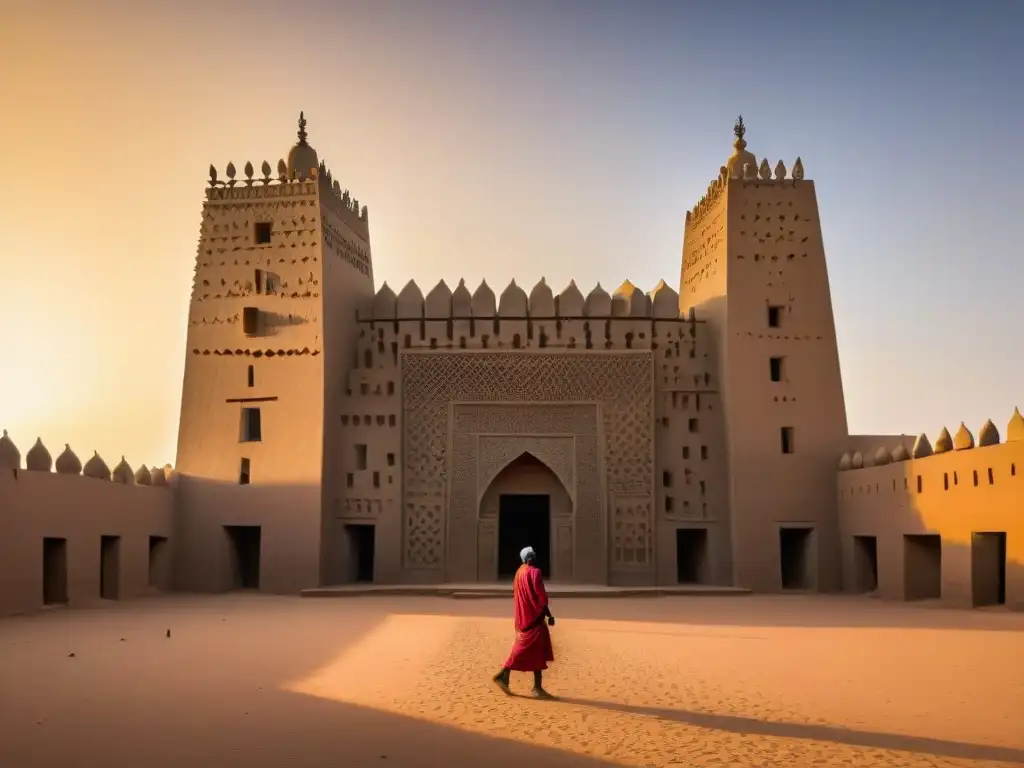 Detalle de la Mezquita de Djenné al amanecer, resaltando su arquitectura de barro y vigas de madera, reflejando historia y cultura malienses