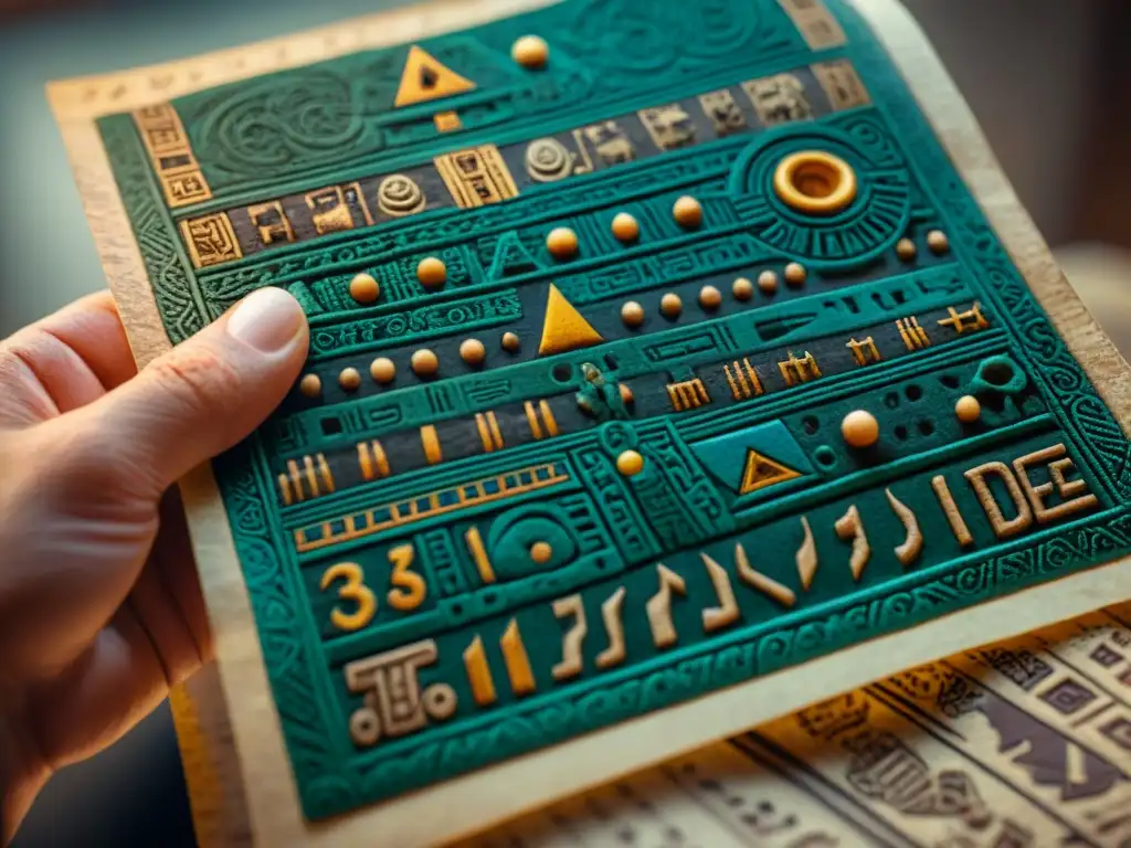 Detalle fascinante del Códice de Dresde: Astronomía Maya Detalle minucioso de El Códice de Dresde, con símbolos mayas y colores vibrantes