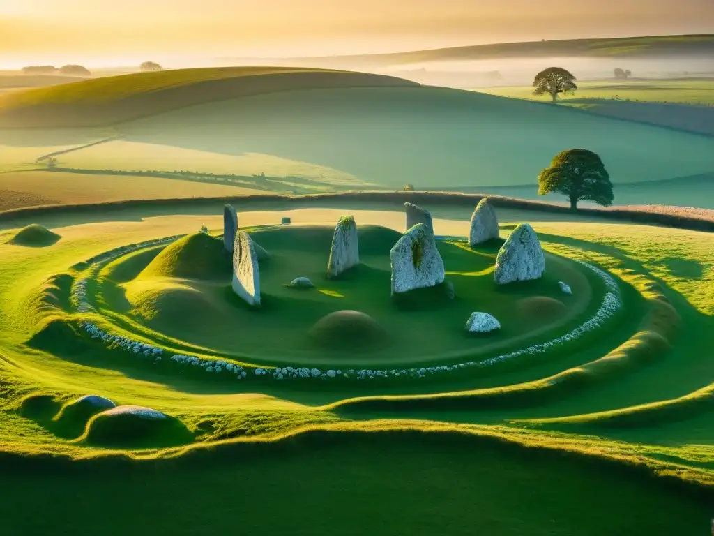 Detalle misterioso círculos piedra Avebury Inglaterra, bañados en luz dorada al atardecer